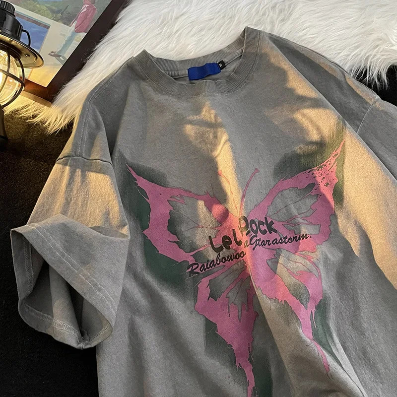 Vintage American Style T-shirt Men's Distressed Heavy Short Sleeve Cotton Tvintage Half Clothing Trendy Brand