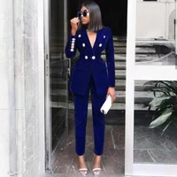 women business suit spring double breasted long sleeve notched coat high waist straight pants suit women velvet slim solid suit
