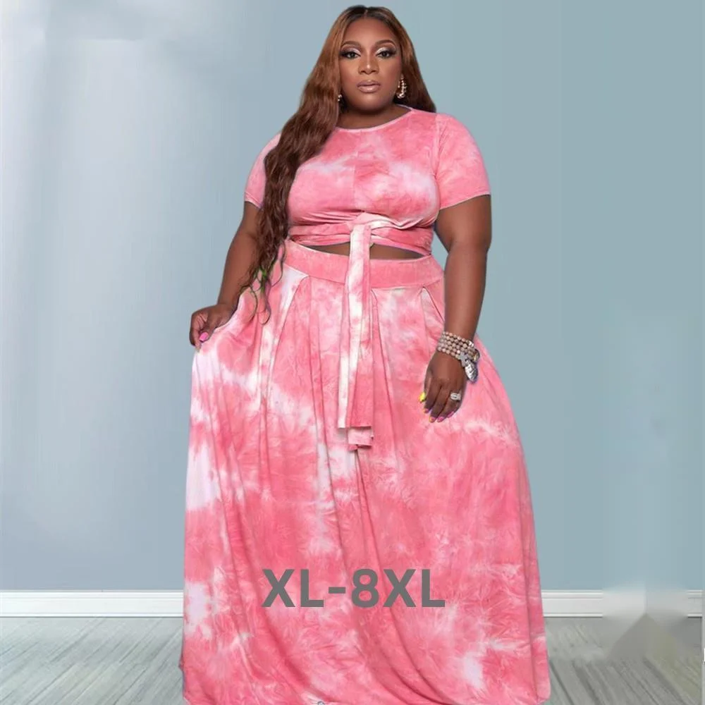Plus Size Two Piece Set Women Summer Clothing Tie Dye Fashion Streetwear Bandage Crop Top Maxi Skirt Suit Who 3xl 4xl 5xl 6xl