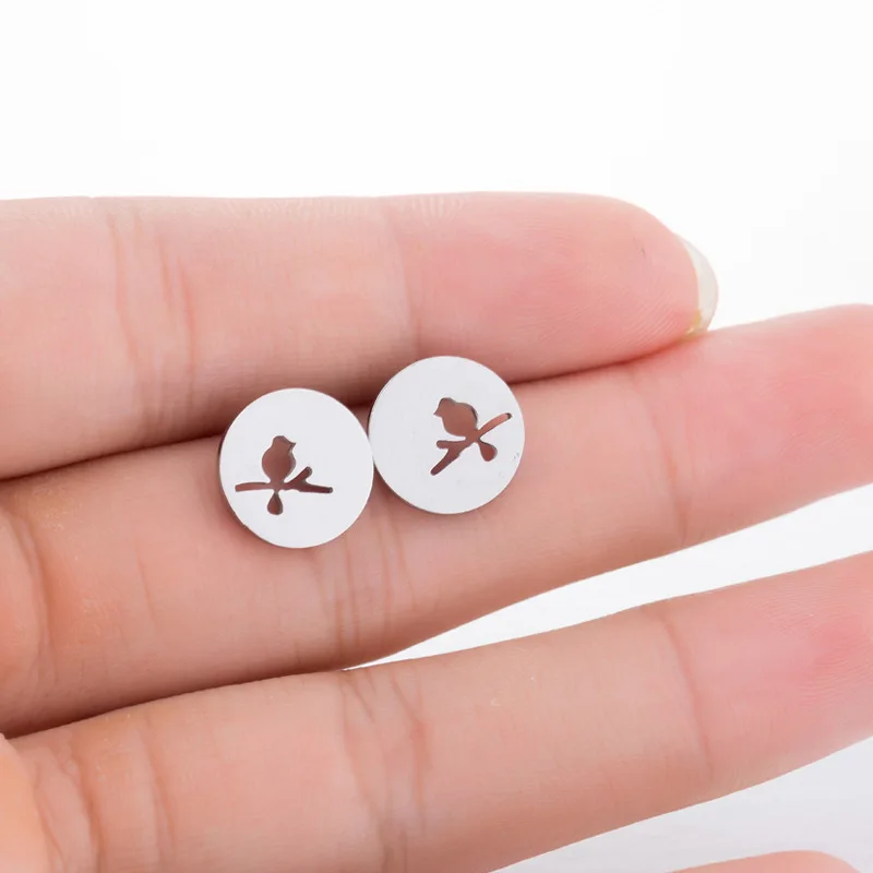 

New Arrival Creative Geometric Round Earrings Studs Stainless Steel Hot Simple Retro Hollow Bird Fashion Animal Jewelry Gift