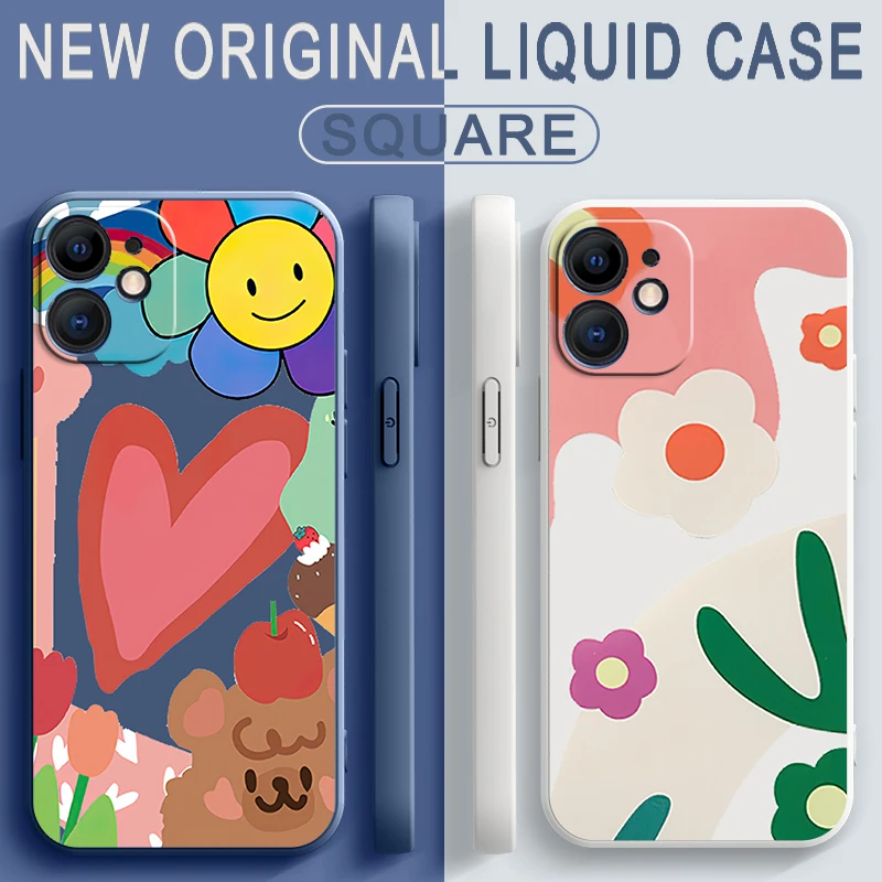 

Cases For iPhone 11 12 13 Mini Pro XR X XS Max For 6 6s 7 8 Plus Liquid Silicone INS Color Flowers Phone Funda Couqe Capas