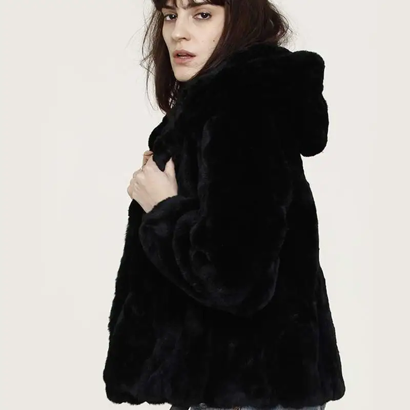 Women's Hooded Real Rabbit Fur Coat Natural Rex Rabbit Fur O-Neck Warm Jackets Fashion Rabbit Full Pelt Genuine Fur Outerwears