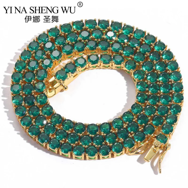 

New Full Green Crystals Tennis Bracelet Necklace For Men Women's Costume Accessories Hip Hop Jewelry Link Chain Lovers Birthday