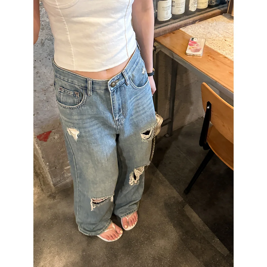 GAGD Washed Wide Leg Jeans Women's clothing Summer New Dropped High Waist Perforated Denim Pants Trend 2023 female