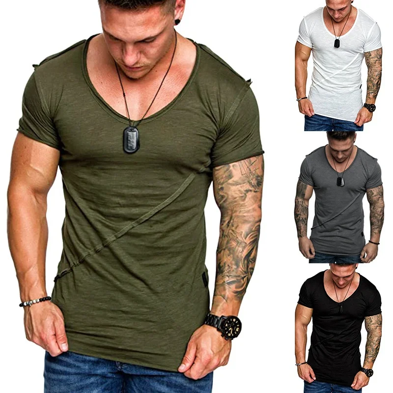 

2022 Summer New Men's Short-sleeved T-shirt Diagonal Strip Stitching Solid Color Hem Small Leather Label Short-sleeved T-shirt