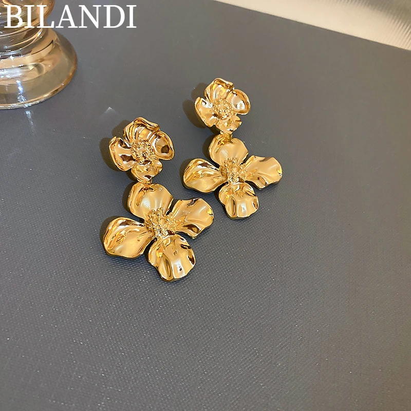 

Bilandi 925 Silver Needle Modern Jewelry Gold Color Dangle Flower Earrings For Women Accessories Pretty Design Wedding Gifts