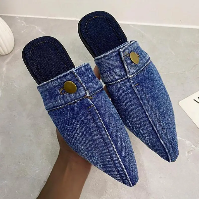 

Comfortable Versatile Personality Womens Slippers Denim Round Toe Flat Shoes Female 2023 New Beach Shoes Sandals Women Slippers