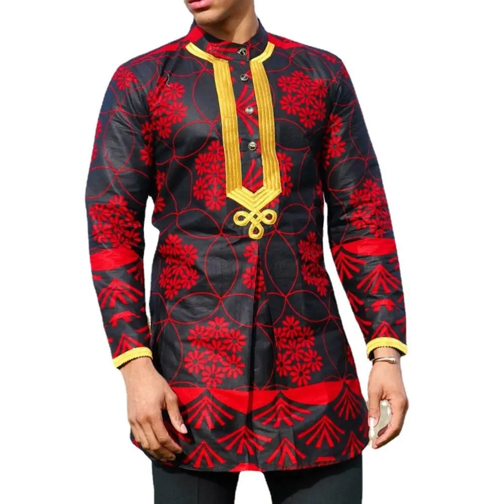 

African Golden Polished Dress Shirts Long Tunic Mens Fashion Print Button Up Bridegroom Top Stand Collar Clothes Black Plus Size