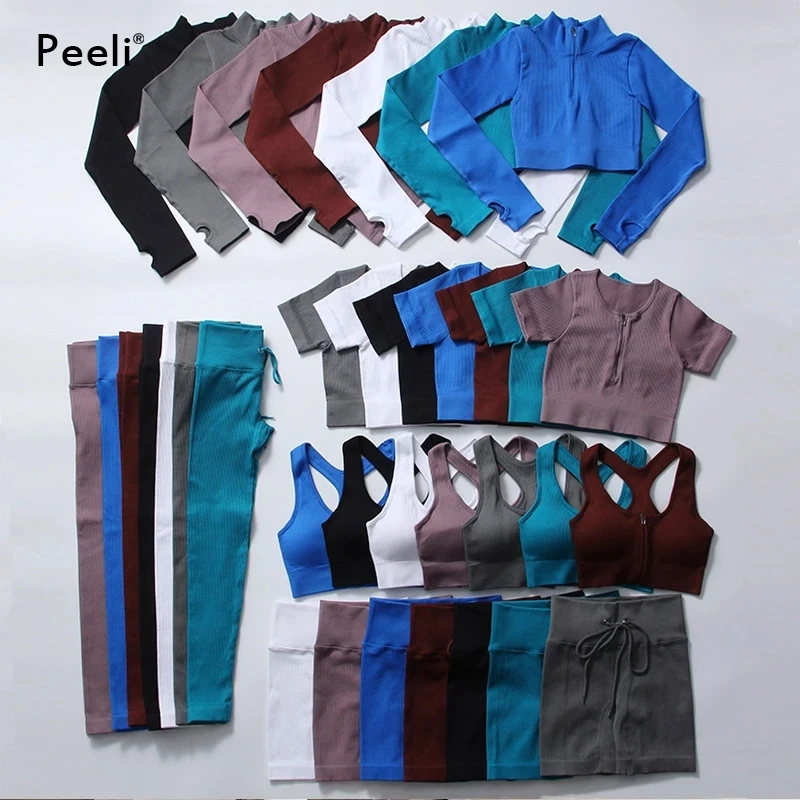 

Seamless Gym Set Women Long Sleeve Zipper Crop Top Drawstring High Waist Leggings Yoga Set Fitness Sportswear Workout Clothes