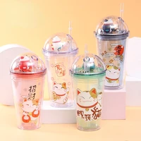 water cup plastic coffee drinking cup double summer ice cup cartoon plastic creative lucky cat juice refrigerated straw cup