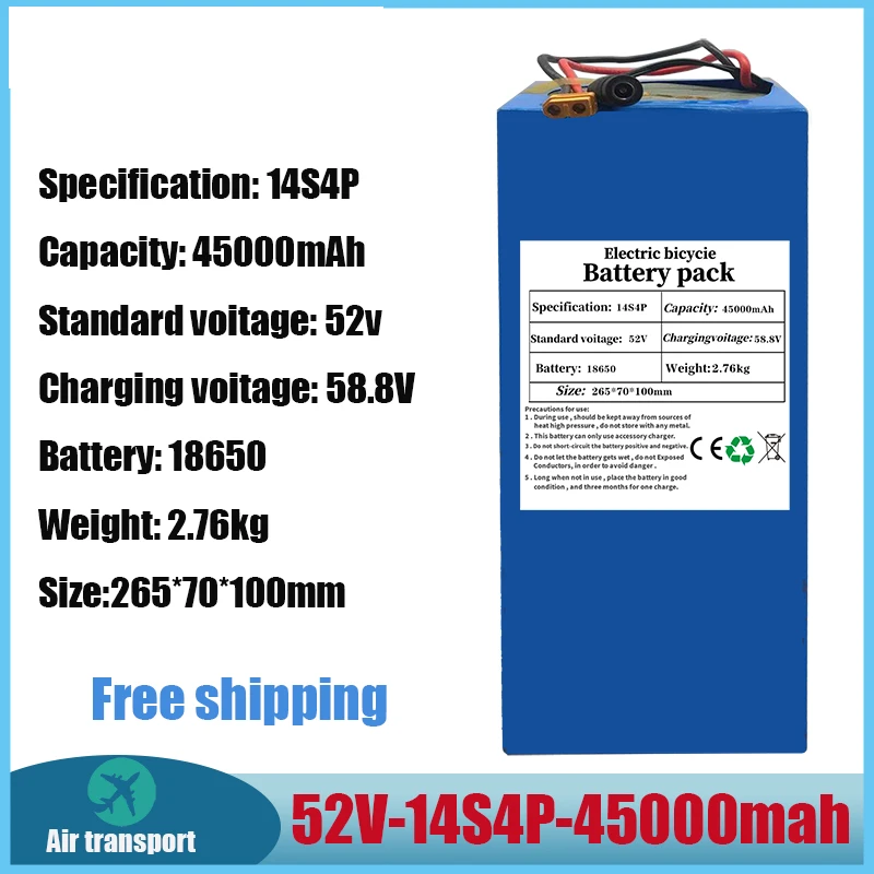 

Бесплатная доставка, литиевая батарея большой емкости 52 в 14S4P 45000 мАч 18650 1000 Вт для балансирующего автомобиля, электрического велосипеда, ску...