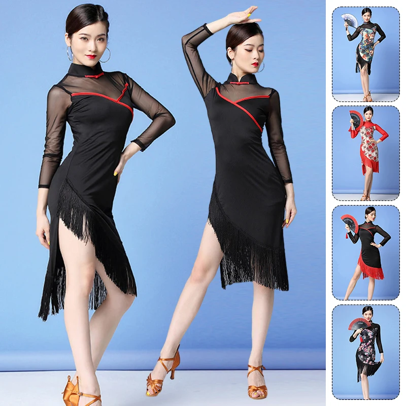 Женское платье для латинских танцев газовое Cheongsam с кисточками бальных ча-ча