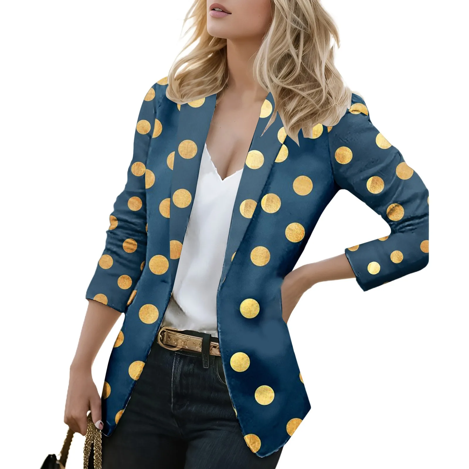 

Женские блейзеры в горошек в стиле ретро с принтом, базовый повседневный костюм с длинным рукавом, куртка, офисный женский костюм, деловая верхняя одежда для работы