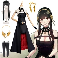 anime spy x family yor forger cosplay killer gothic halter black dress outfit uniform costume with stockings role play full set