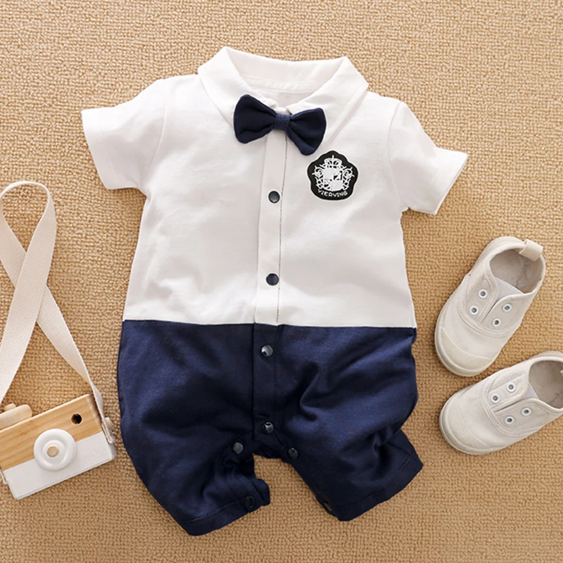 Summer Boys and Girls College Style Spliced Shirt All Cotton Casual Comfortable Short Sleeve Baby Clothing Bodysuit