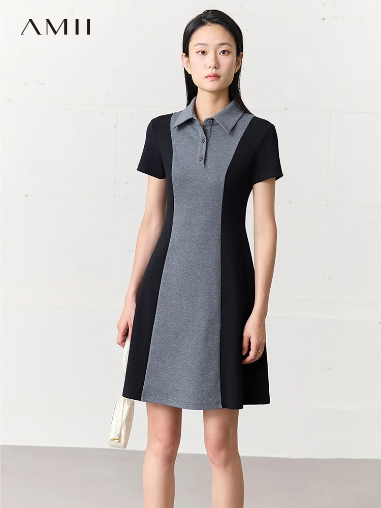 

AMII Minimalism College Style Dresses Clothing 2023 Summer Polo Neck Contrasting Colors Patchwork Slim Female Vestidos 12342307