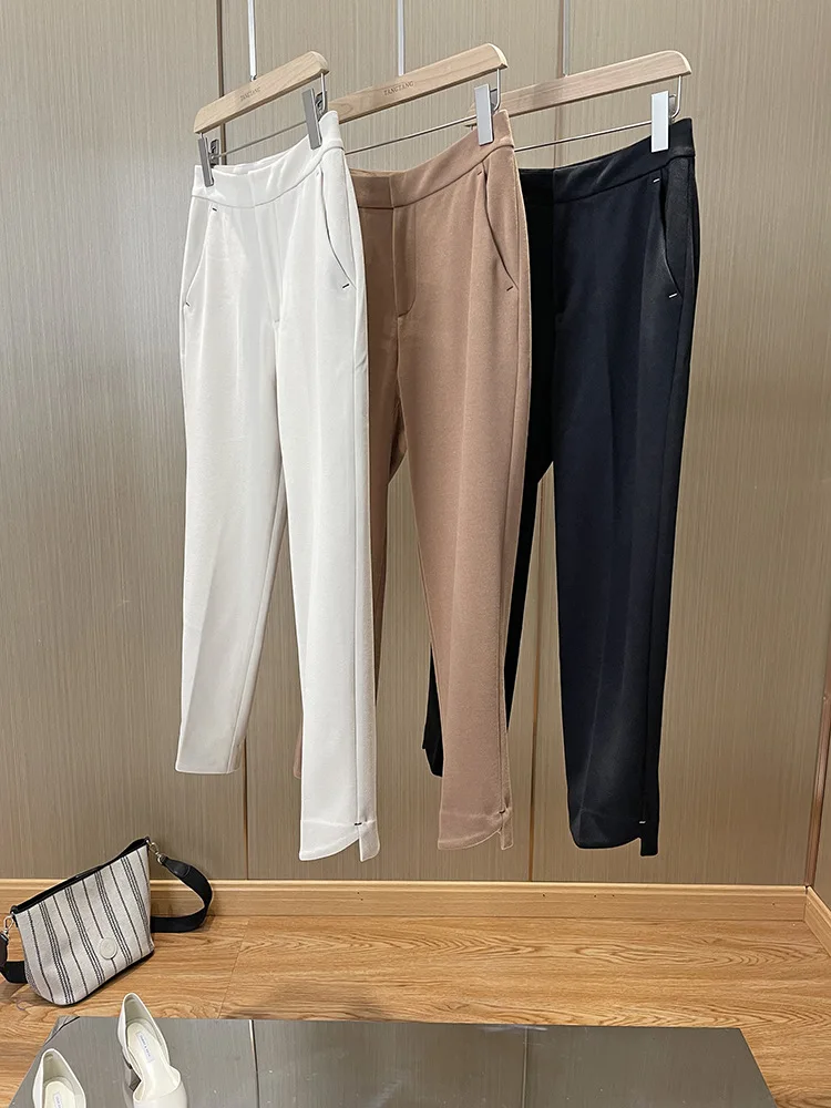 Wool Blend Cropped Pants Women Solid Color Zipper Pockets 2022 Autumn Female Trousers