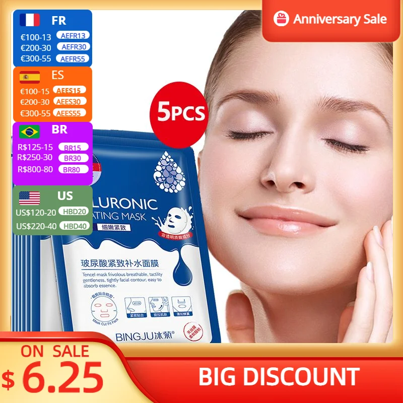 

5 Pieces Hyaluronic Acid Facial Mask Sheet Pores Moisturizing Oil-Control Anti-Aging Replenishment Whitening Face Care TSLM1