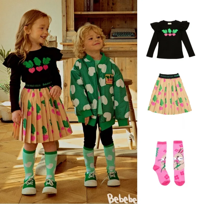 

Girls T-shirt Half Skirt Set 2023 Spring New Black Print Cute Girl Bottoming Shirt Korean Fashion Cotton Pink Girls Half Skirt