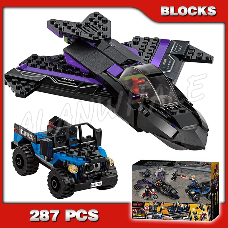 

287pcs Super Revengers Black Panther Pursuit Jet Winter Soldier’s Motorbike 7122 Building Blocks Boy Compatible With Model