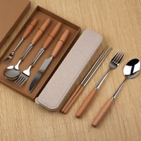 wooden handle western food tableware set steak knife and fork stainless steel spoon chopsticks dessert dinnerware set