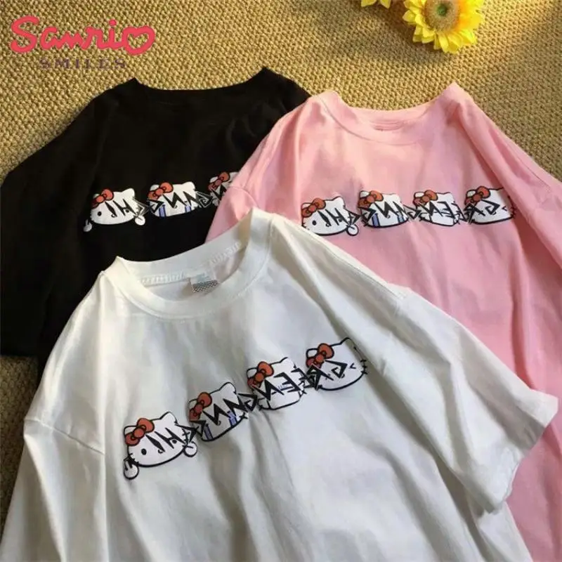 Kawaii Sanrio Anime Collection Hello Kitty T-Shirt Short Sleeve Teen Top Cute Summer Japanese Print Casual Loose Oversize Preppy
