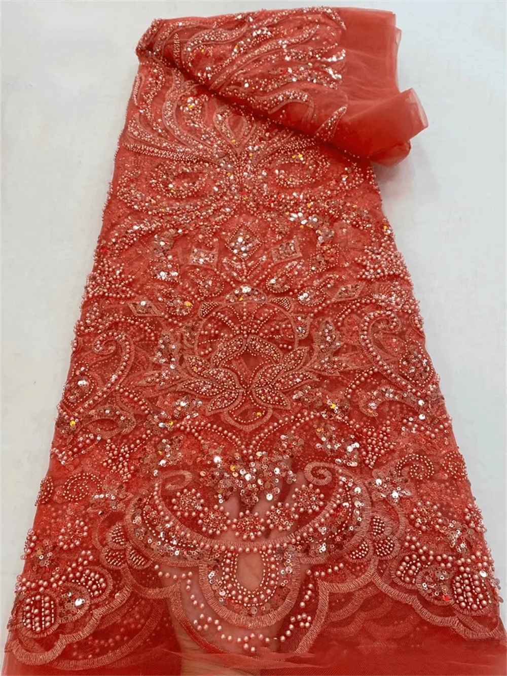 

OEMG Latest Classic African Handmade Lace High Quality 2022 Elegant Embroidery Beaded Tulle Lace Fabric For Wedding Dress JJ0021