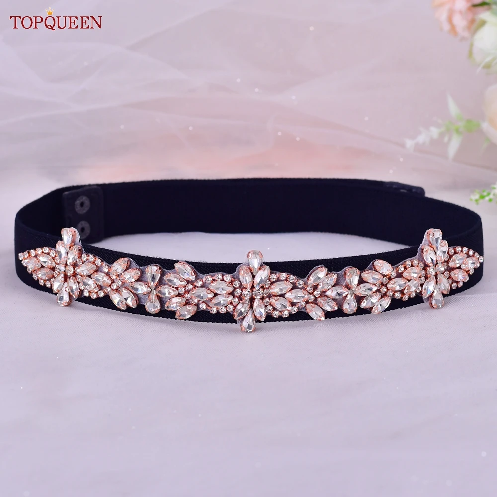 TOPQUEEN S429-D Women Black Elastic Belt Daily Dress Overcoat Clothing Decoration Accessories Rose Gold Rhinestones Female Lady