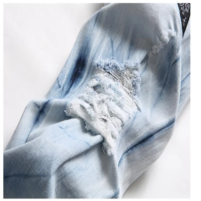 European goods jeans mens trousers ripped embroidery five-pointed star trend elastic slim-fit pencil pants all-match джинсы