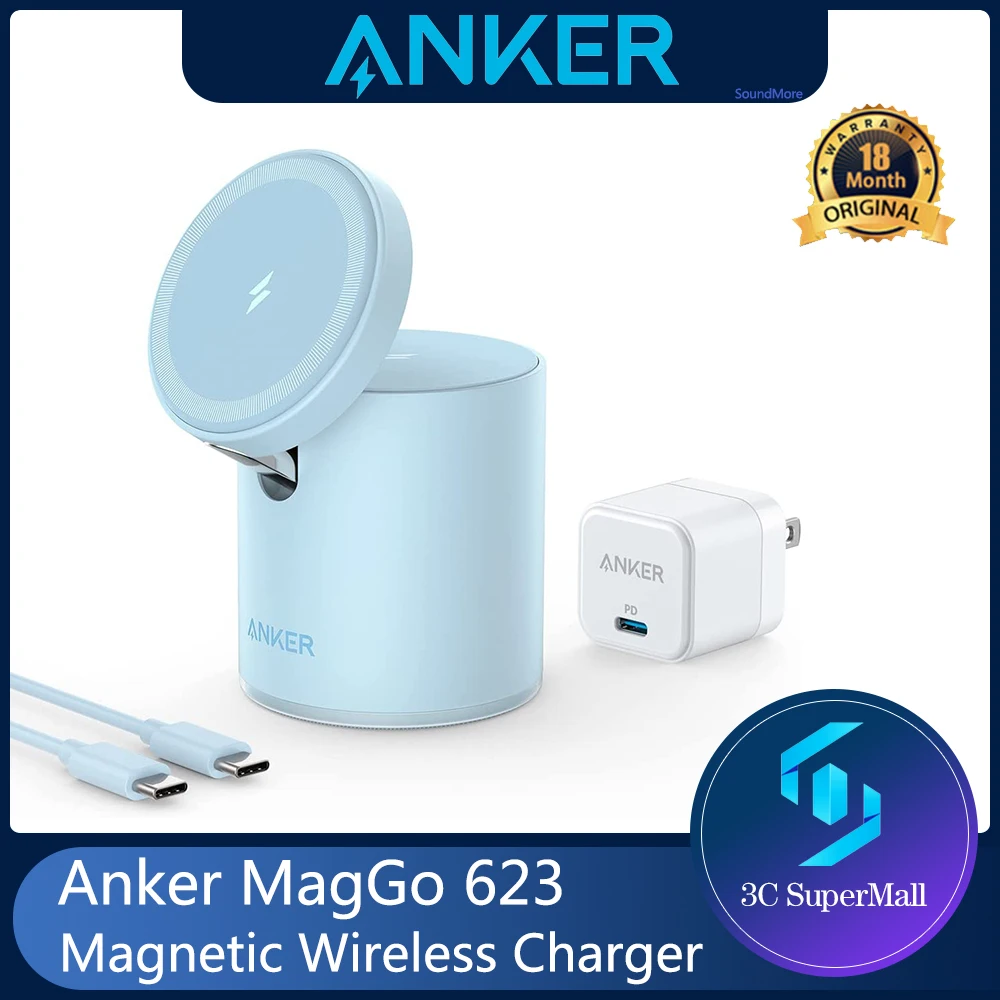 

Original Anker 623 Magnetic Wireless Charger (MagGo) 2-in-1 Compatible with Magsafe Case for IPhone 13/12 Series for AirPods Pro
