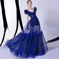 o neck tulle dress ruffles royal blue evening dresses layered see through prom dress long dress custom made elegant dresses