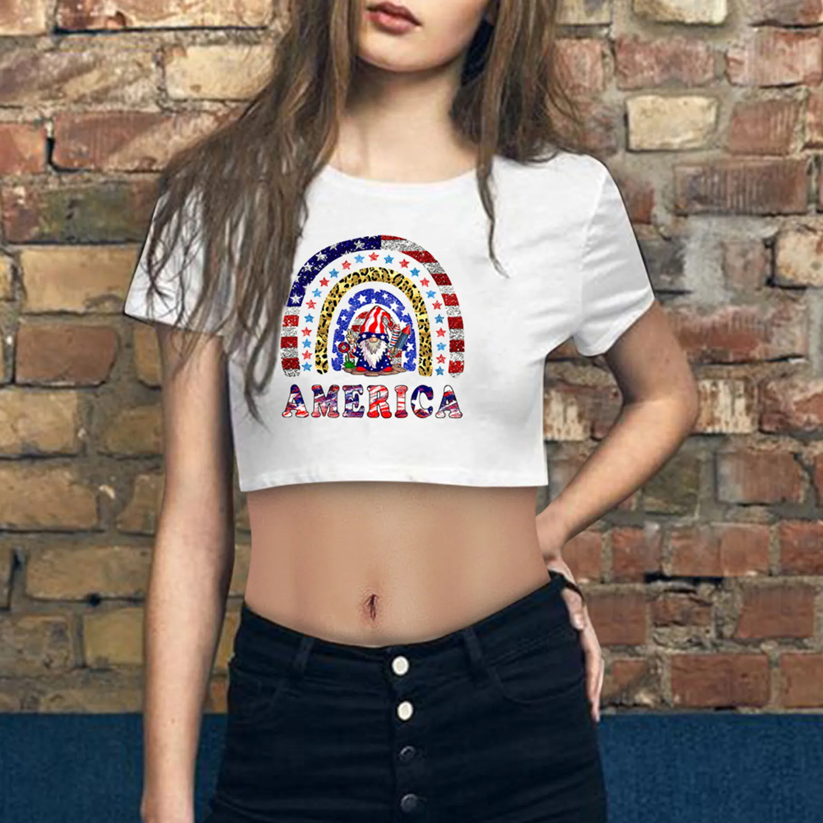 

Женская футболка с коротким рукавом, повседневный укороченный топ с принтом на День Независимости, лето 2022
