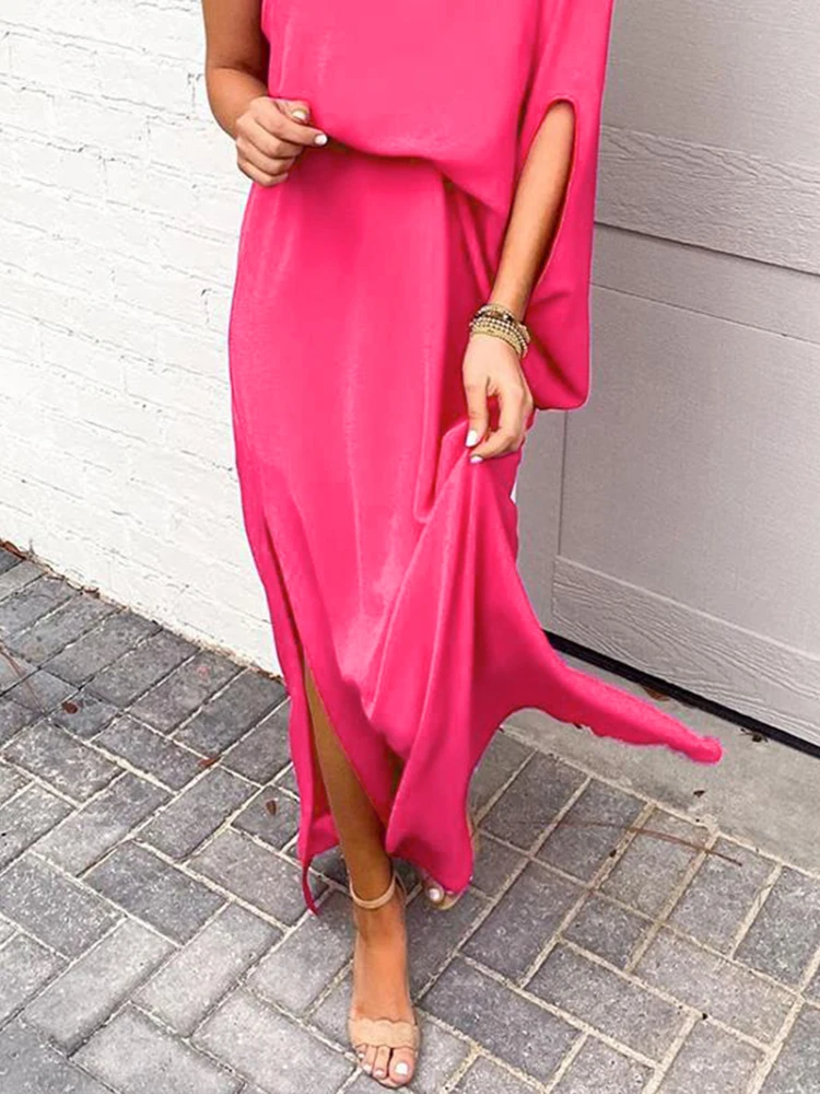 Женское однотонное платье с открытыми плечами Свободное длинное платье-Кафтан