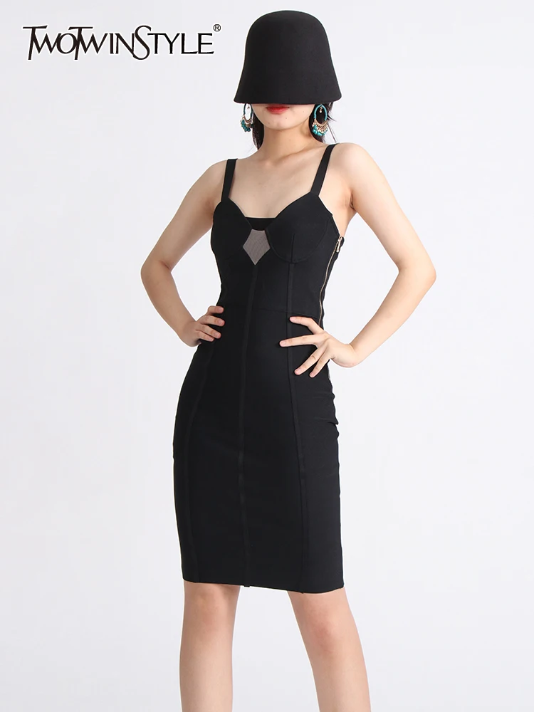 

TWOTWINSTYLE Sexy Temperament Dresses For Women Square Collar Sleeveless Tunic Patchwork Lace Up Slim Dress Female Fashion 2023