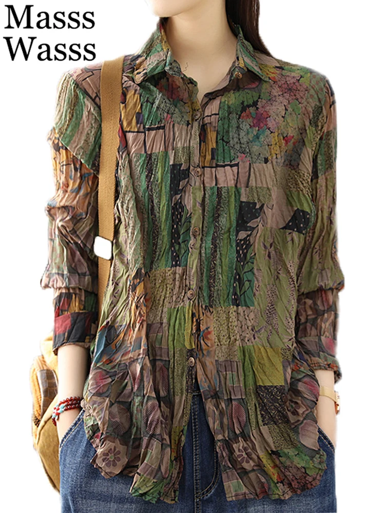 

Masss Wasss 2022 Spring New Womens Streetwear Printed Shirts Fashion European Style Turn-down Collar Tops Casual Vintage Blouses