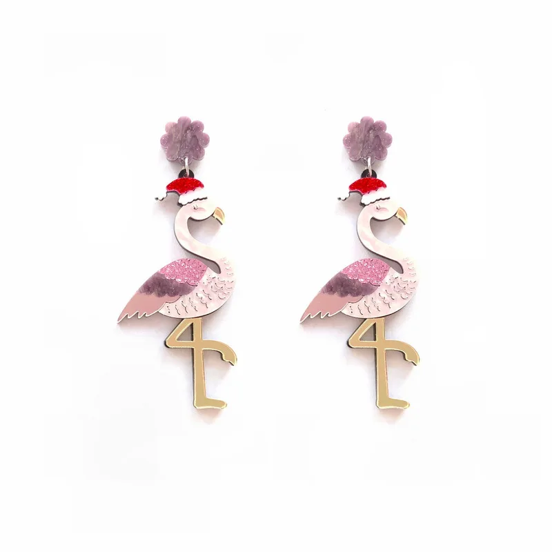 

Flamingo Shape With Christmas Hat Woman Fashion Earrings