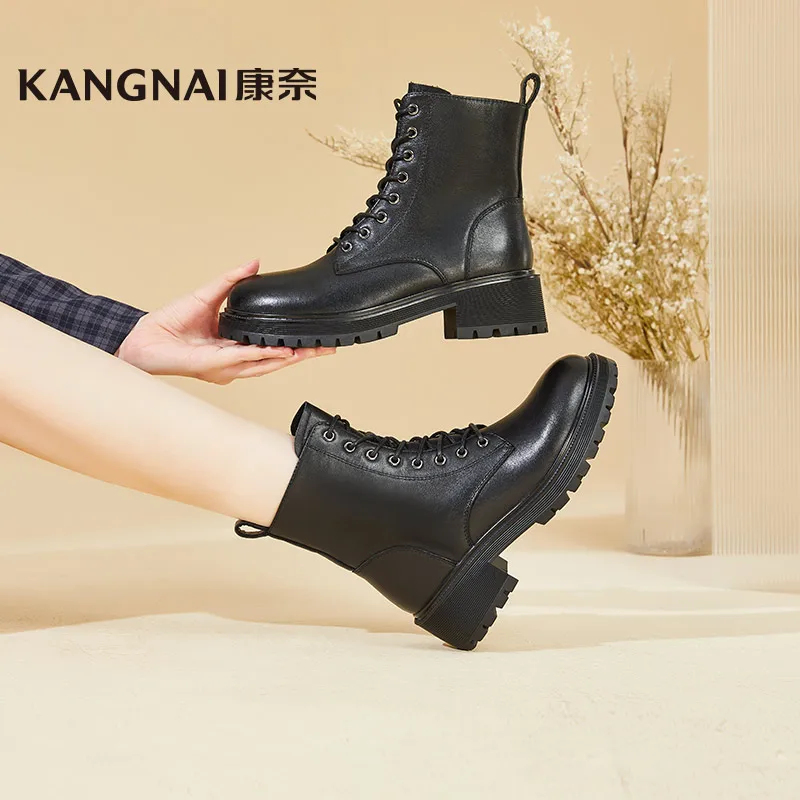 

Ботильоны Kangnai женские из коровьей кожи со шнуровкой, флисовые ботинки с круглым носком и толстой подошвой, женская зимняя обувь