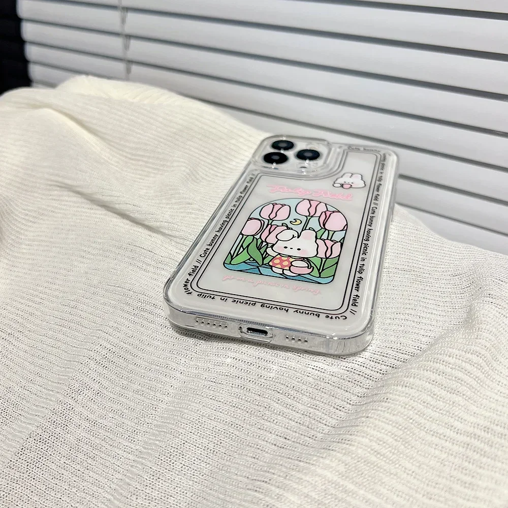 Прозрачный чехол для телефона Сладкий тюльпан сад луна кролик iPhone 16 15 14 13 11 12 Pro Max