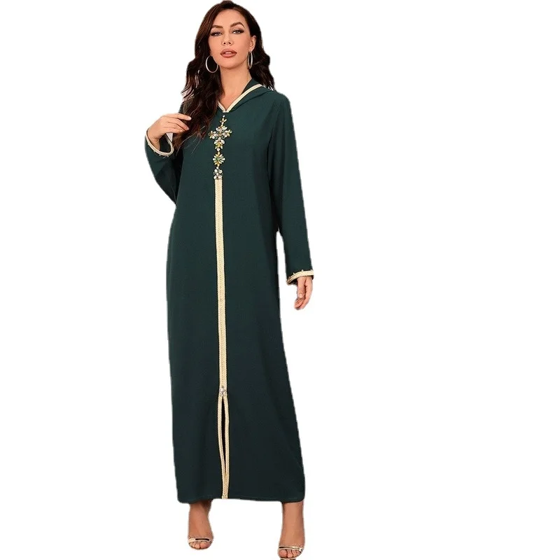

Dubai Abaya Djellaba Moroccan Kaftan Women Diamond Braid Trim Long Sleeve Muslim Hijab Maxi Dress Robe Arabic Islamic Clothes