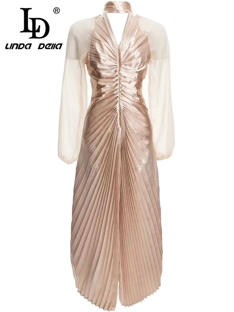 

LD LINDA DELLA Fashion Runway Autumn Dress Women's Patchwork Long sleeve Slim Solid Asymmetrical Pleated Long Dresses Vestidos