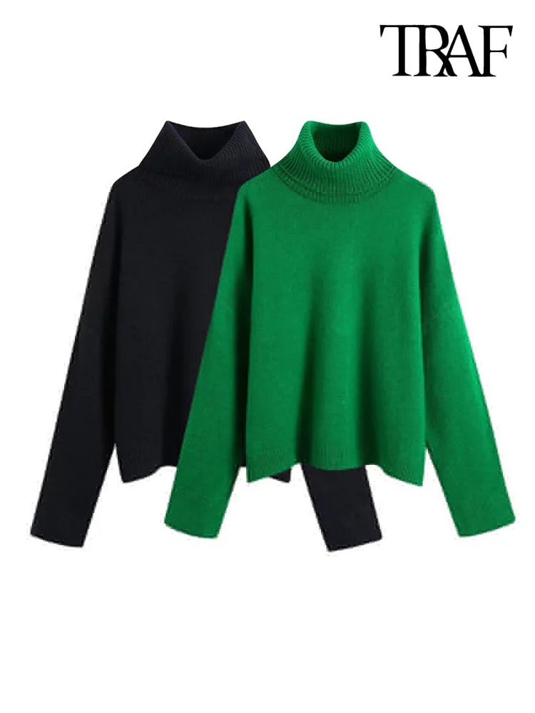 

Women Fashion With Ribbed Trim Loose Knit Sweater Vintage High Neck Long Sleeve Female Pullovers Chic Tops