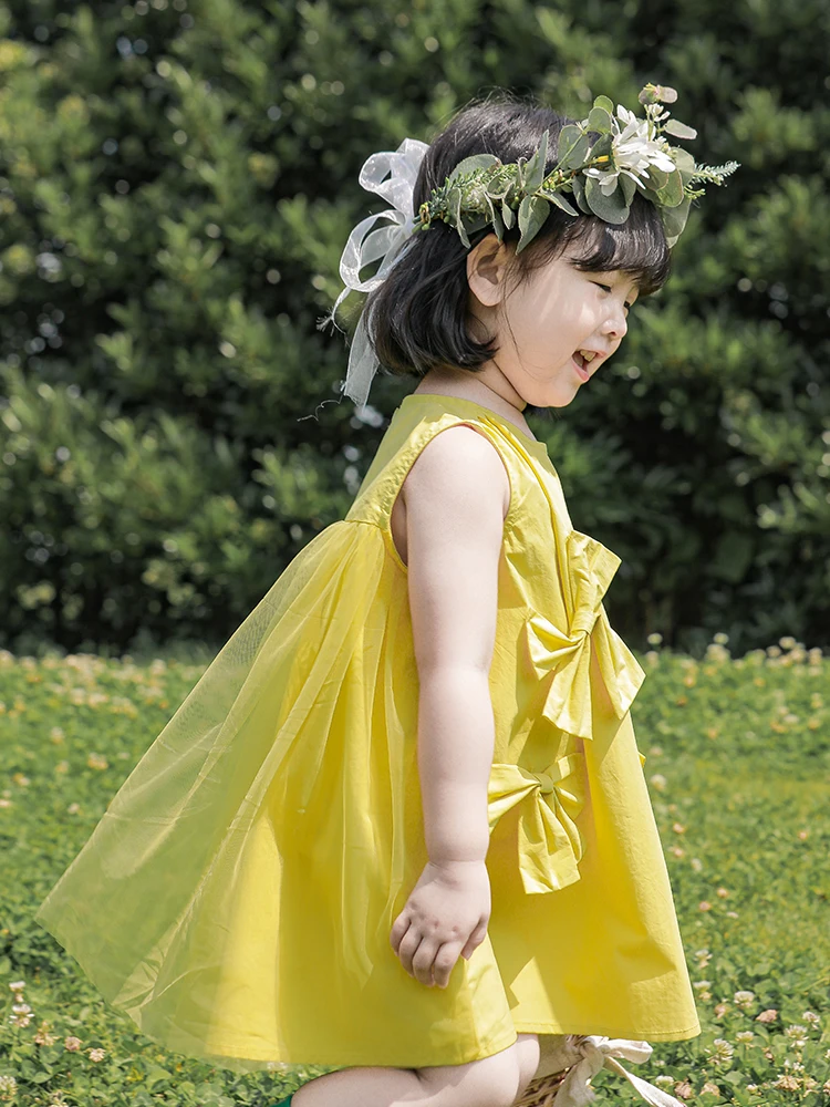 

Girls Vest Dress Summer Baby Girl Three-Dimensional Bow Children's Solid Color Princess Dress