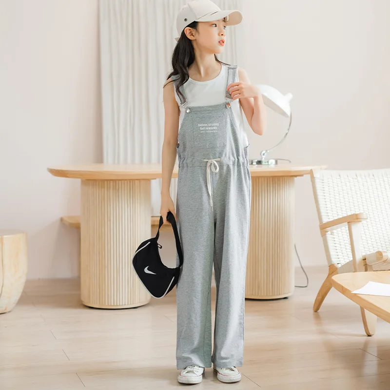 

8-16Y Kids Overalls Summer Girls Cotton Jumpsuits Cropped Pants Solid Casual Breathable Children Outfits Clothes Hw51