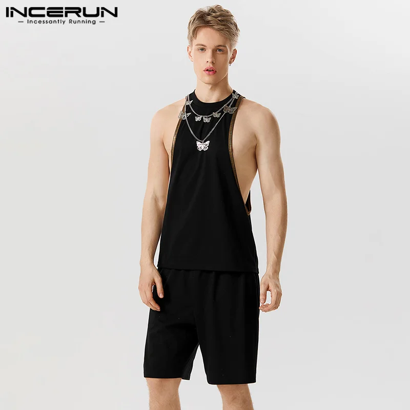 

Fashion Party Shows Style Tops INCERUN Men Sexy Fashion Sets Loop Splicing Solid Loose Vests Shorts Stylish Two-piece Sets S-5XL