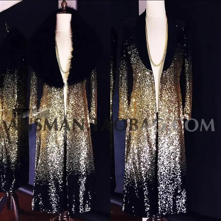 

Men's Long Leather Coat Black Gold Gradient Embroidery High-end Bar Nightclub Singer DJ Catwalk Costume DJ689