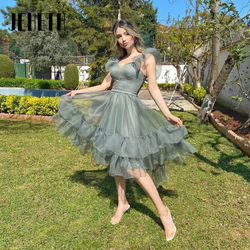 

Tea-Length Prom Dresses 2022Corset Dark Green Tiered Ruched Elegant A-Line Sleeveless Short Party Evening Gown Tulle Custom Made