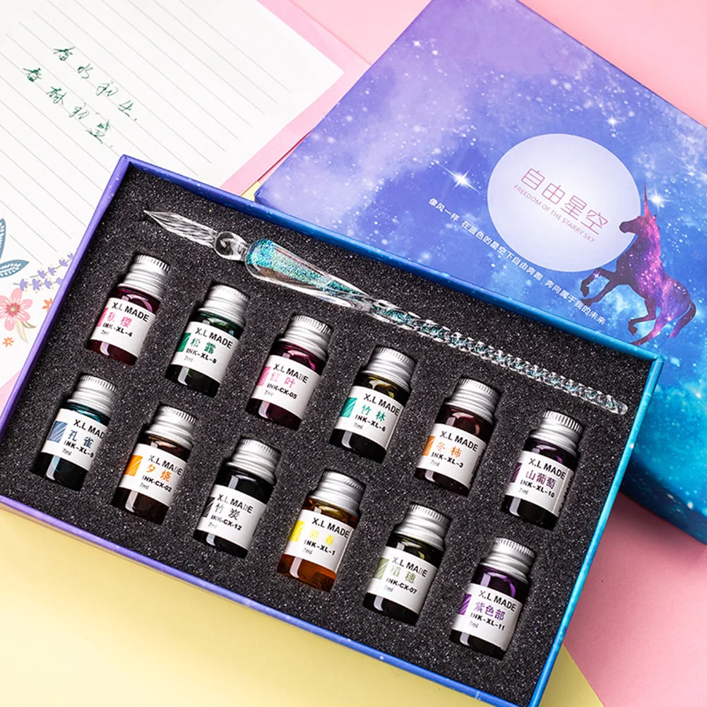 

Painting Stationery Gift Vintage Dip Pen Set For Art Writing Doodling Crystal Signatures Glass Calligraphy With 12 Colors Ink
