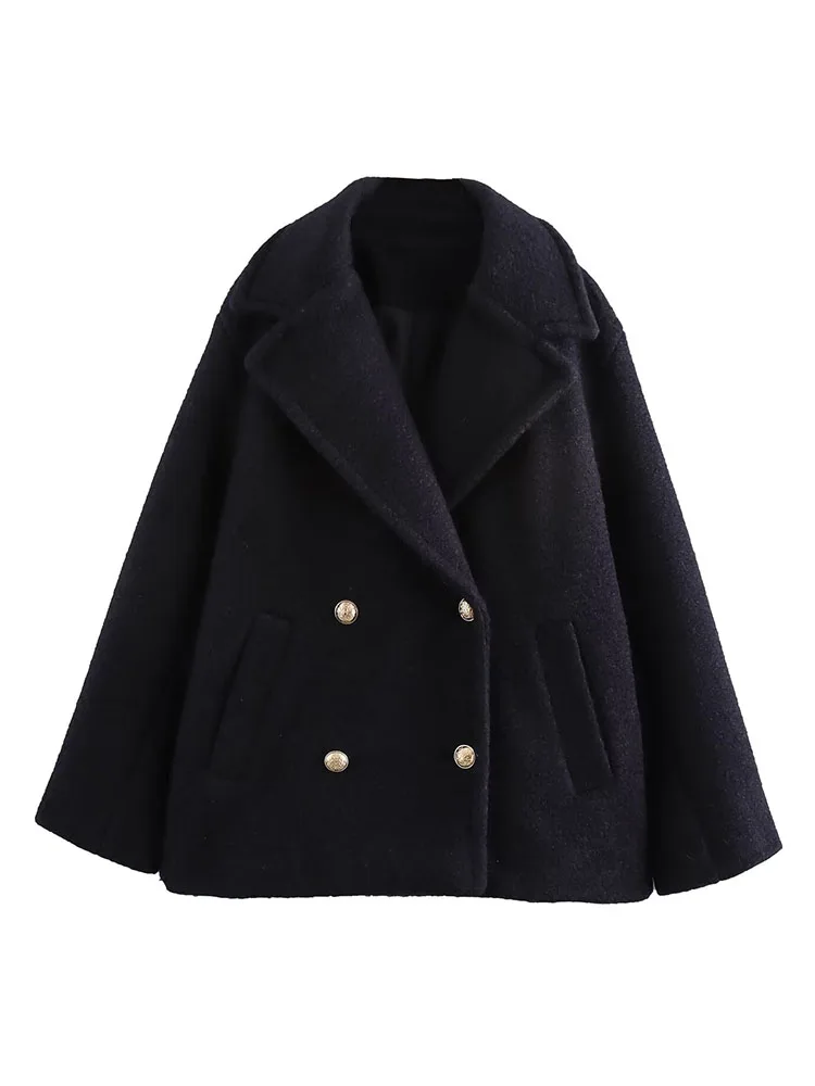 Женское двубортное шерстяное пальто с длинными рукавами и лацканами