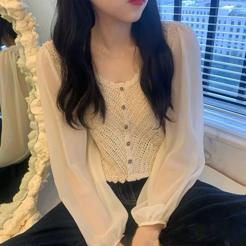 2023 Новый женский французский шифоновый укороченный кардиган с длинными рукавами