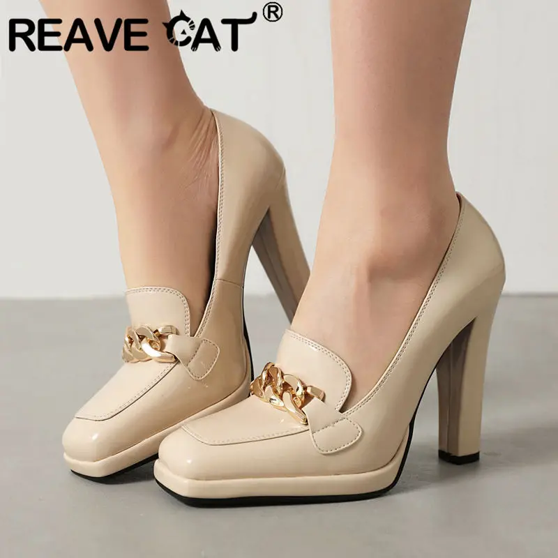 

Женские туфли-лодочки с квадратным носком REAVE CAT, офисные туфли на очень высоком каблуке 11,5 см без застежек с металлическим украшением, приблизительная модель 41 42 43
